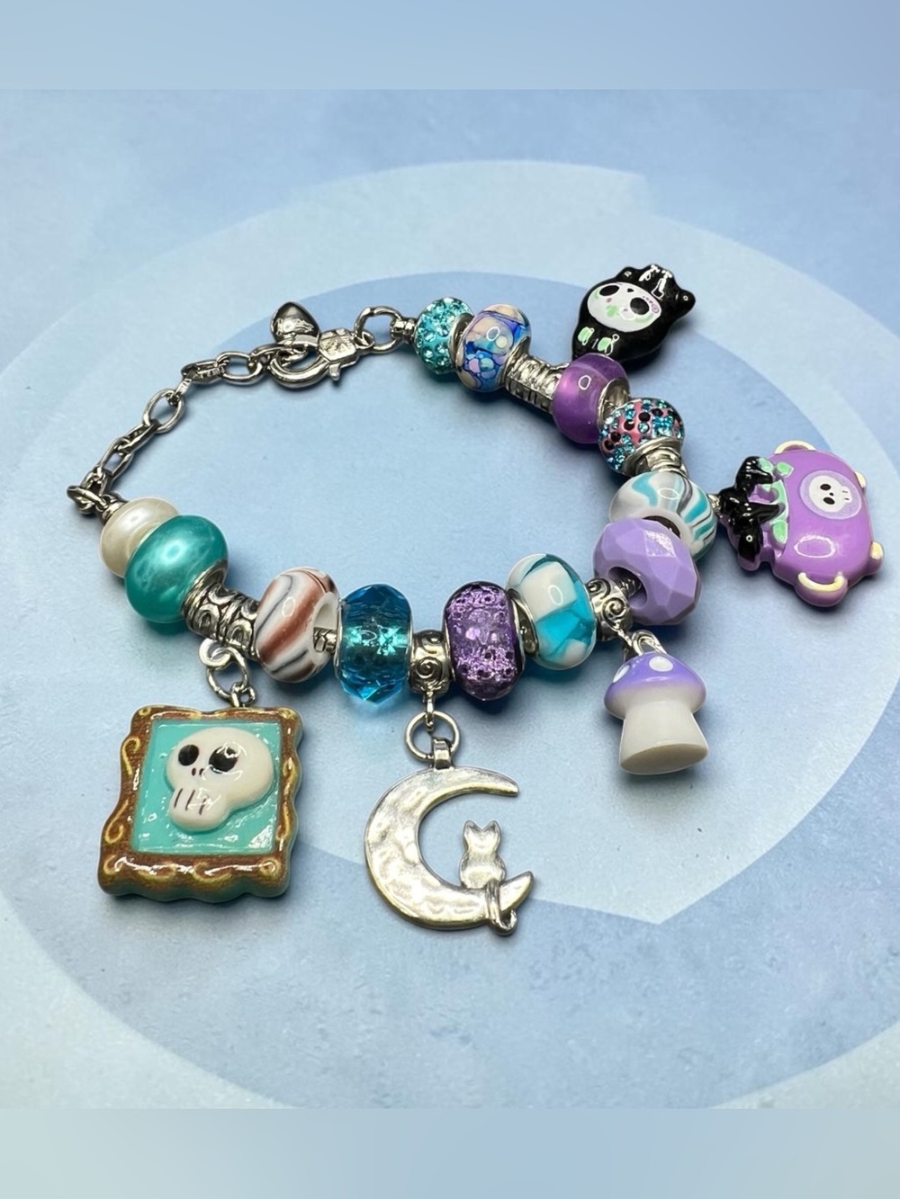Purple & Teal Spooky Snake Chain Charm Bracelet w/ European style beads